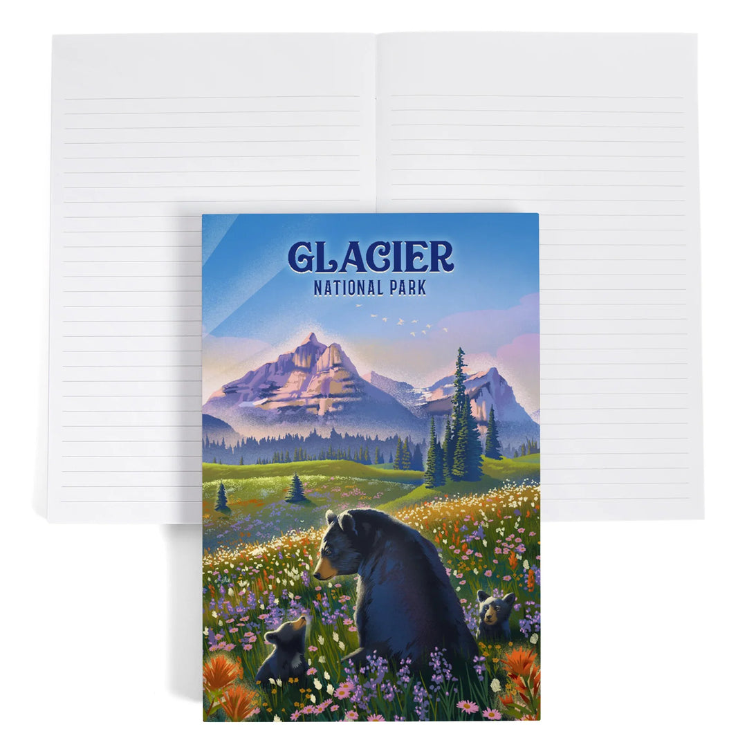 Lined 6x9 Journal, Glacier National Park, Bear Family in Field, Going to the Sun Road, Lay Flat, 193 Pages, FSC paper