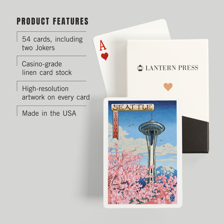 Playing Cards, Space Needle, Cherry Blossoms Woodblock, Seattle, Washington, 52 Card Deck with Jokers in Box, Unique Art