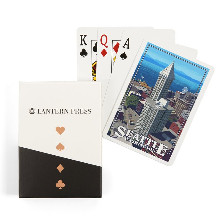 Playing Cards, Seattle, Washington, Smith Tower and Elliott Bay, 52 Card Deck with Jokers in Box, Unique Art