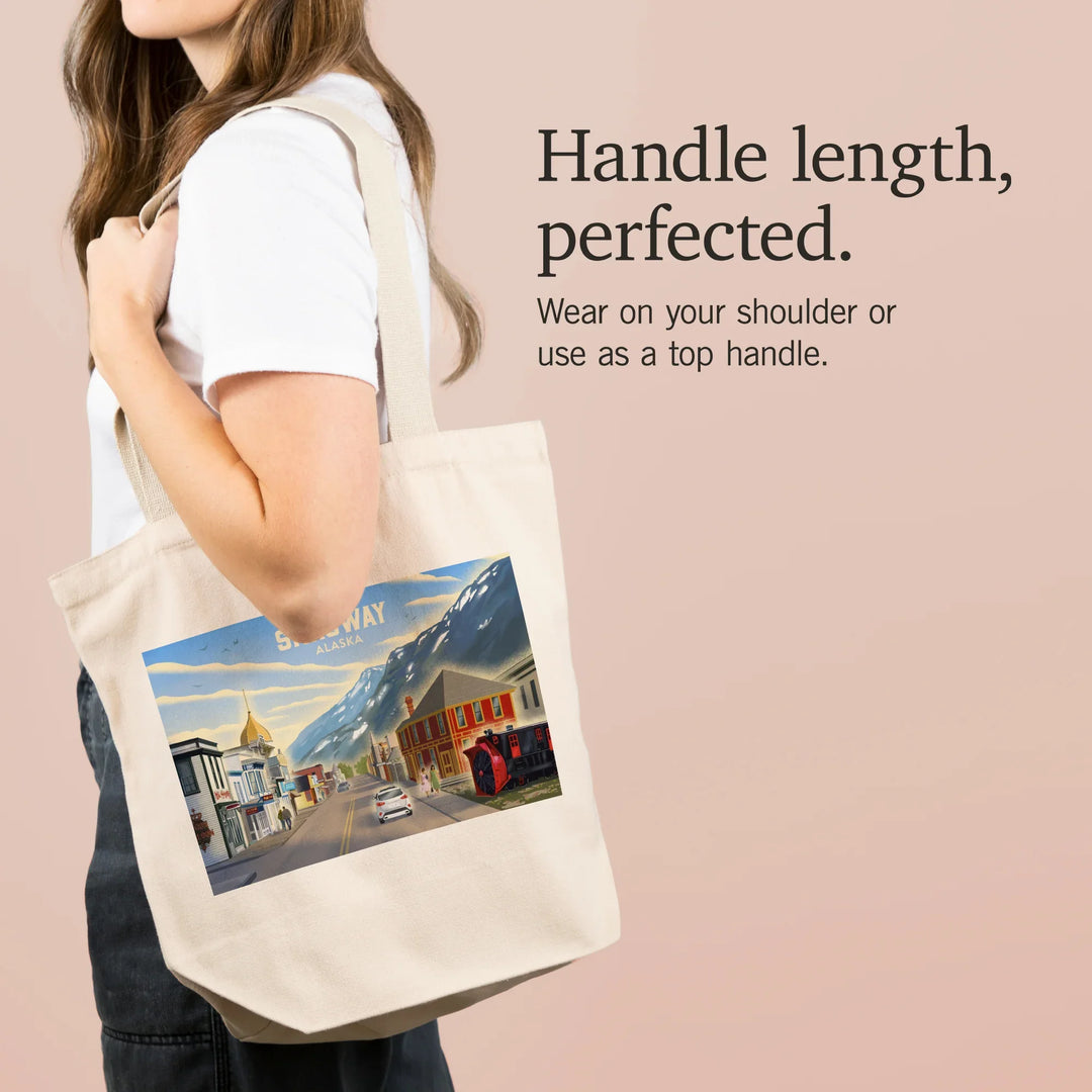 Skagway, Alaska, Lithograph, Main Street, Tote Bag