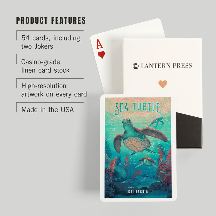 Playing Cards, California, Fluid Linework, Sea Turtle, 52 Card Deck with Jokers in Box, Unique Art