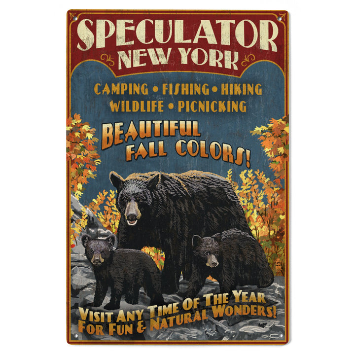 Speculator, New York, Black Bear Family Vintage Sign, Lantern Press Artwork, Wood Signs and Postcards