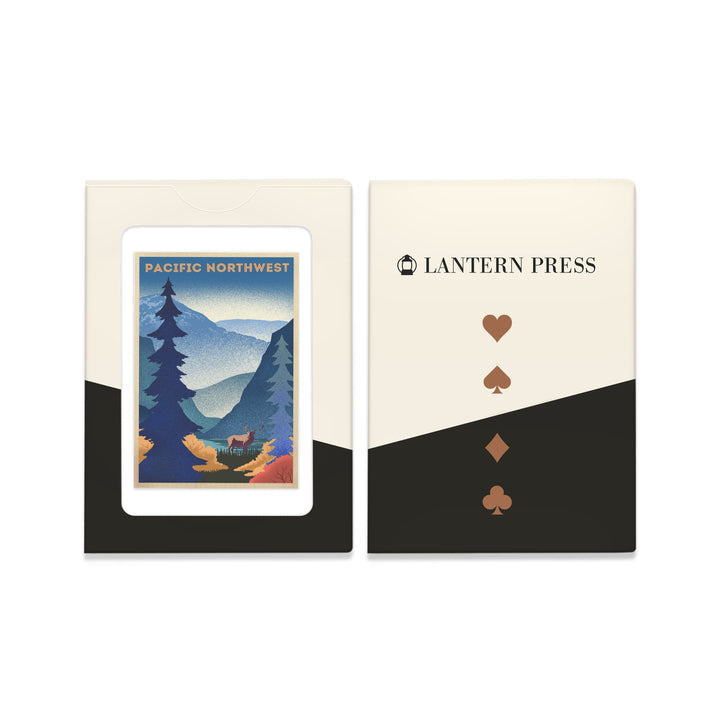 Playing Cards, Pacific Northwest, Elk and Mountain Scene, Lithograph, 52 Card Deck with Jokers in Box, Unique Art