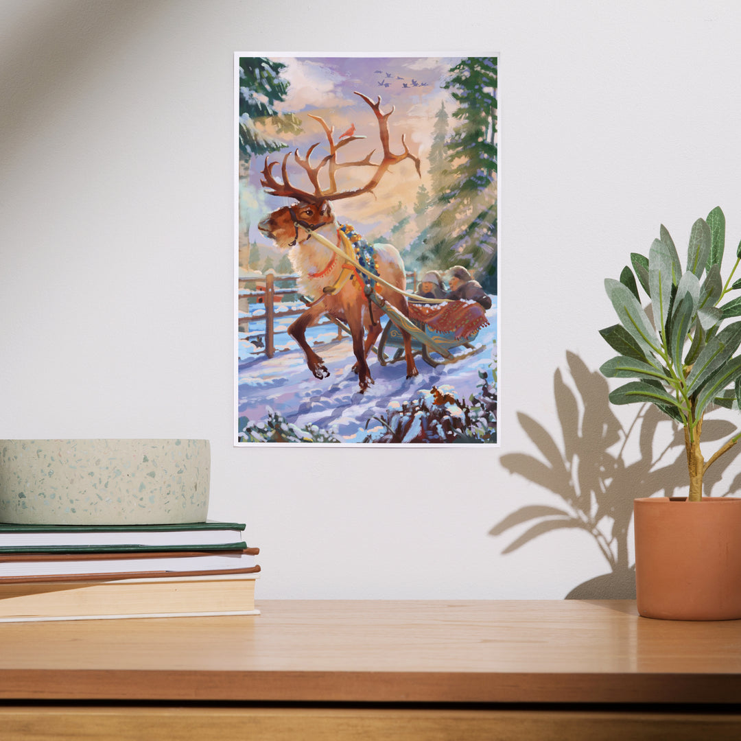 Holiday Tradition, Reindeer Sleigh Ride Through Mountain Snow, Art & Giclee Prints