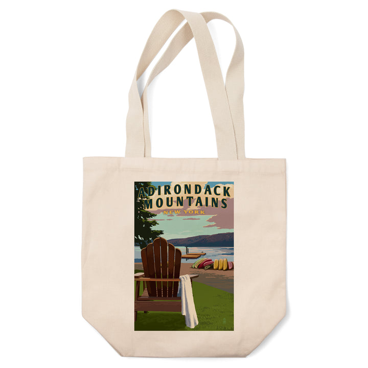 Adirondack Mountains, New York, Adirondack Chair & Lake, Lantern Press Artwork, Tote Bag