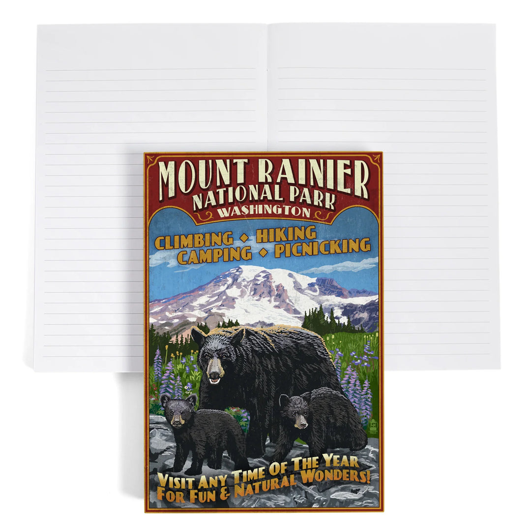 Lined 6x9 Journal, Mount Rainier National Park, Bear Family Vintage Sign, Lay Flat, 193 Pages, FSC paper