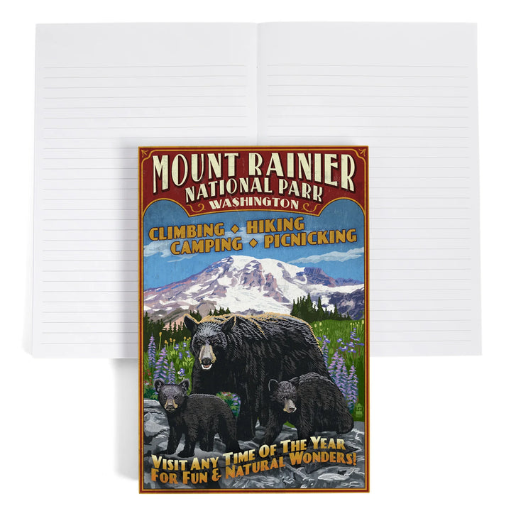 Lined 6x9 Journal, Mount Rainier National Park, Bear Family Vintage Sign, Lay Flat, 193 Pages, FSC paper