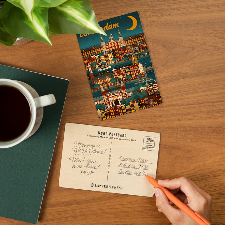 Amsterdam, Retro Skyline, Wood Sign and Postcards