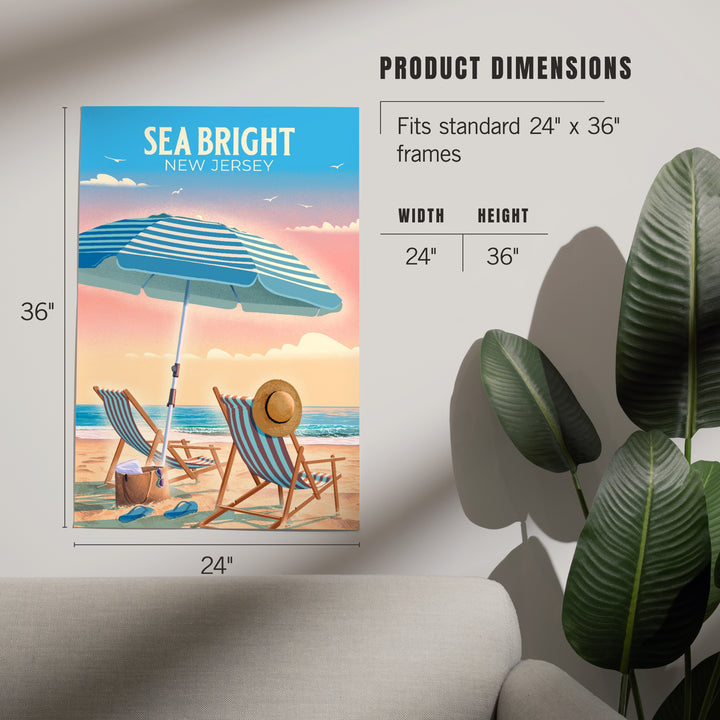 Sea Bright, New Jersey, Lithograph, Beach Chair and Umbrella art prints, metal signs