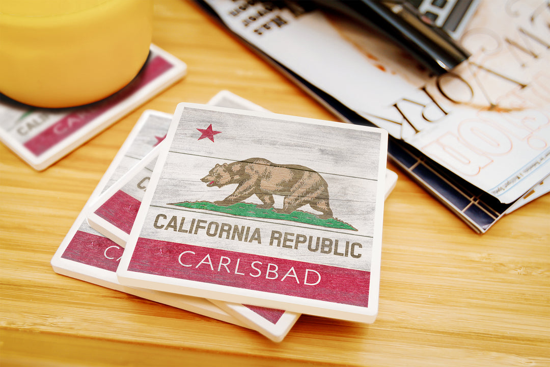 Carlsbad, CA, Rustic California State Flag, Coaster Set