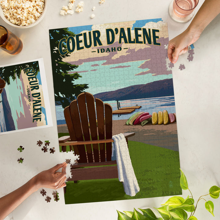 Coeur d'Alene, Idaho, Painterly, Adirondack Chairs and Lake, Jigsaw Puzzle