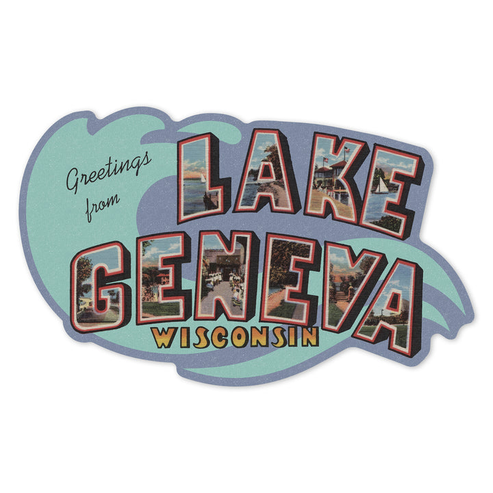 Lake Geneva, Wisconsin, Large Letter Scenes, Contour, Vintage Halftone, Vinyl Sticker