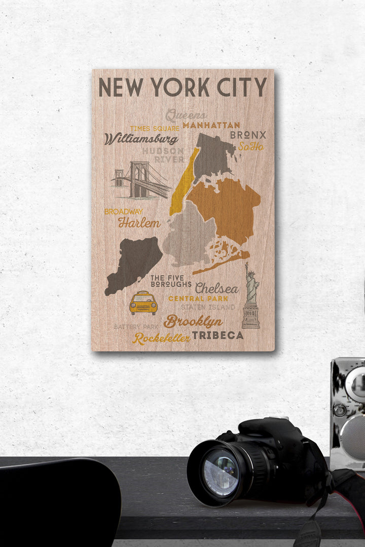 New York City, New York, Typography & Icons, Lantern Press Artwork, Wood Signs and Postcards