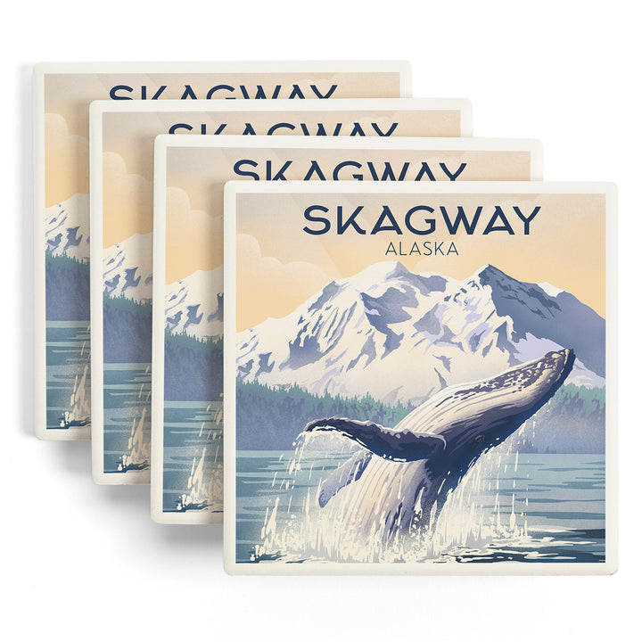 Skagway, Alaska, Lithograph, Breaching Humpback Whale, Coaster Set