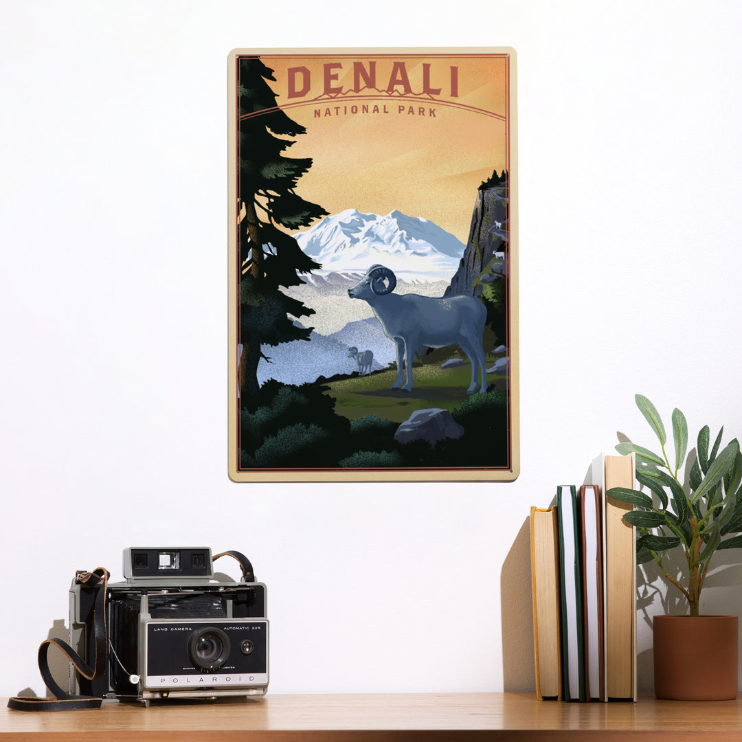 Denali National Park, Alaska, Dall Sheep and Mountain, Lithograph National Park Series, Metal Signs