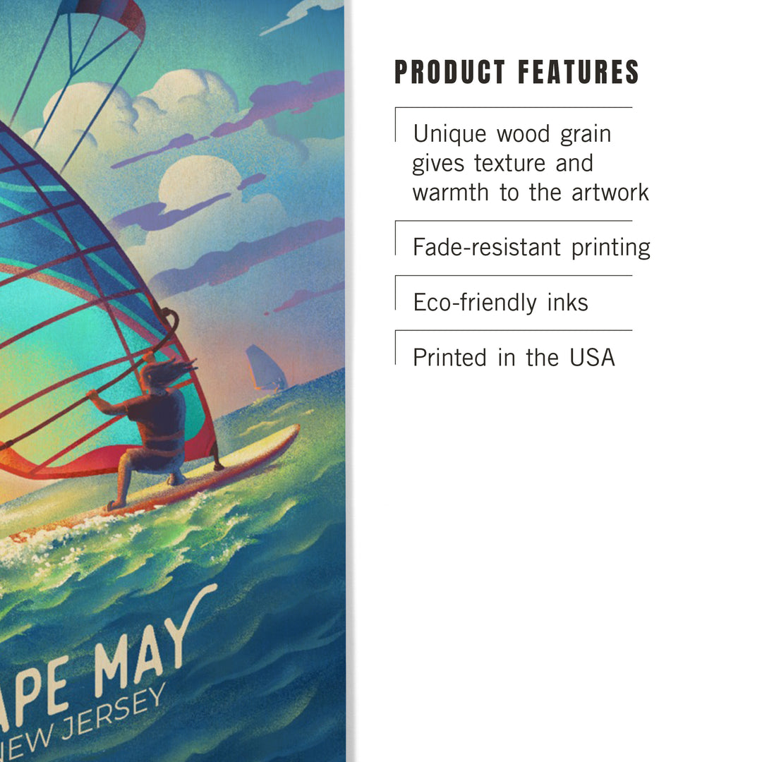 Cape May, New Jersey, Lithograph, Wind Rider, Windsurfing and Kitesurfing, Wood Signs and Postcards
