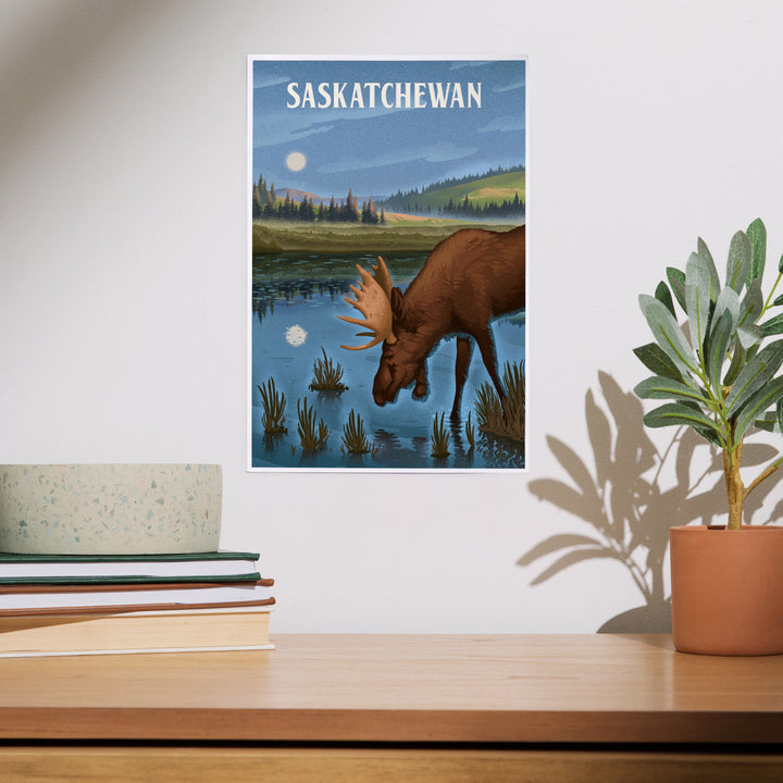 Saskatchewan, Lithograph, Reflection Pond and Bull Moose art prints, metal signs