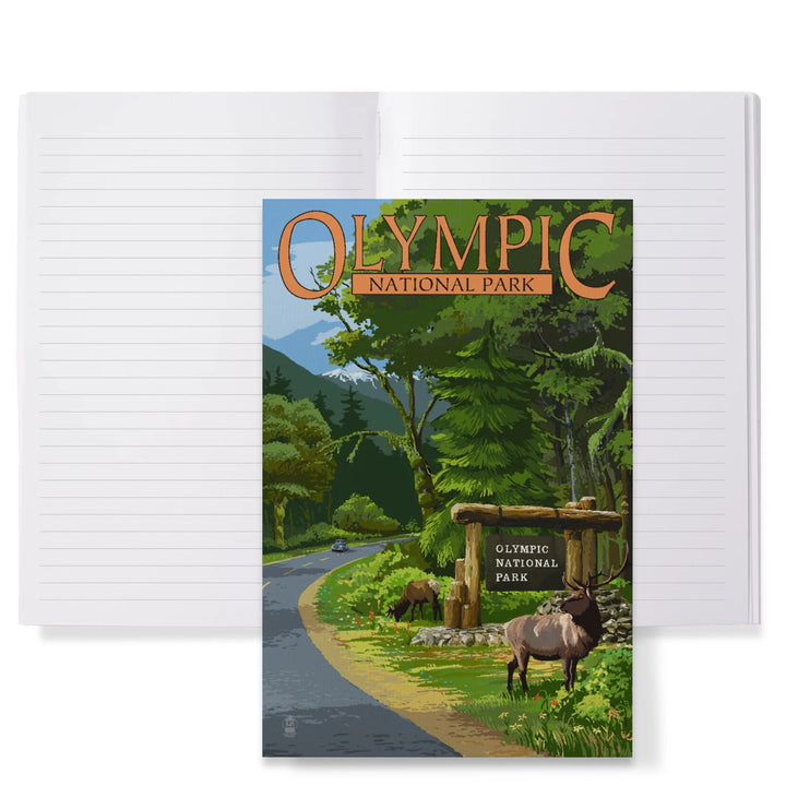 Lined 6x9 Journal, Olympic National Park, Washington, Park Entrance and Elk, Without Shield, Lay Flat, 193 Pages, FSC paper