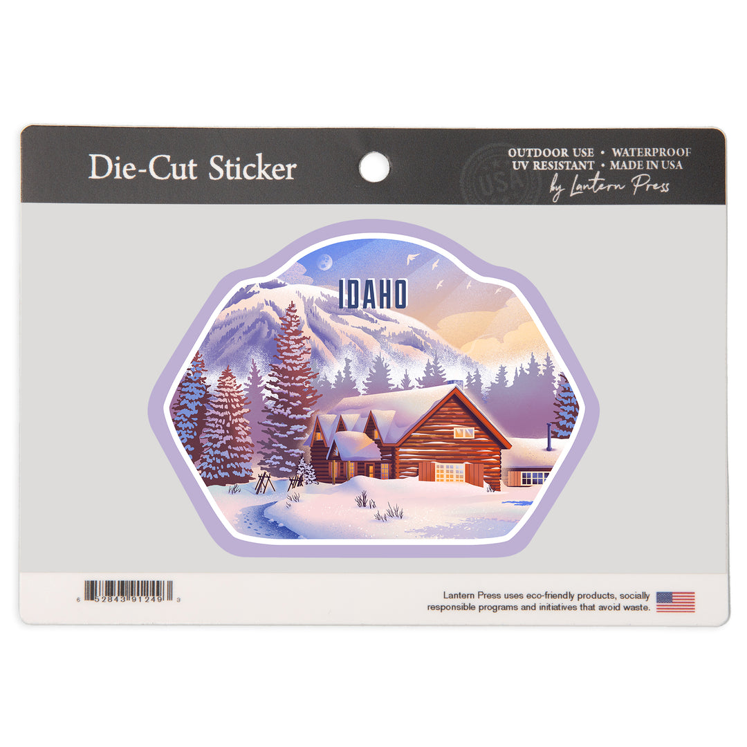 Idaho, Lithograph, Mountain Lodge, Winter Scene, Vinyl Sticker