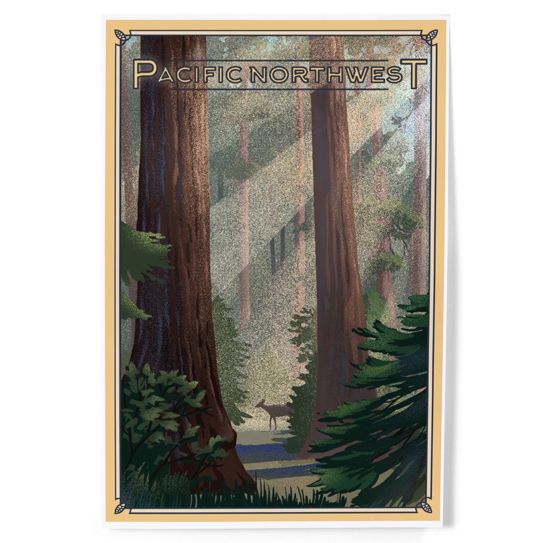 Pacific Northwest, Deer in Forest, Lithograph, Art & Giclee Prints