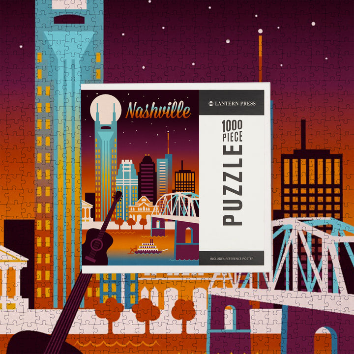 Nashville, Tennessee, Retro Skyline, Light, Chromatic Series, 1000 Piece Jigsaw Puzzle