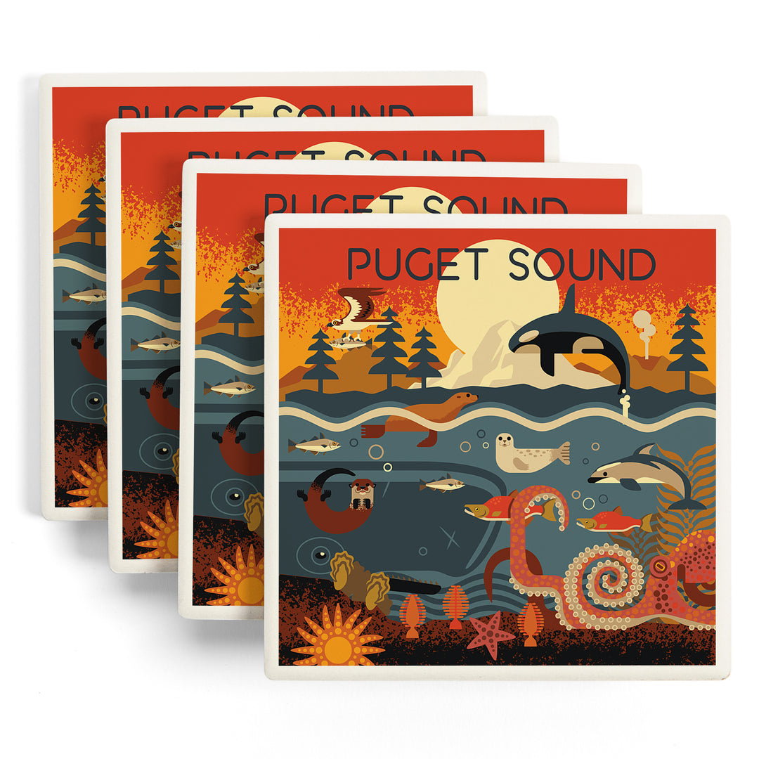 Puget Sound, Geometric, Marine Animals, Coaster Set