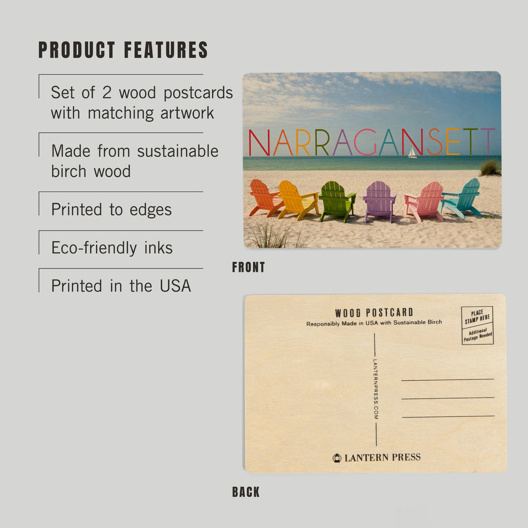 Narragansett, Rhode Island, Colorful Beach Chairs, Wood Sign and Postcards