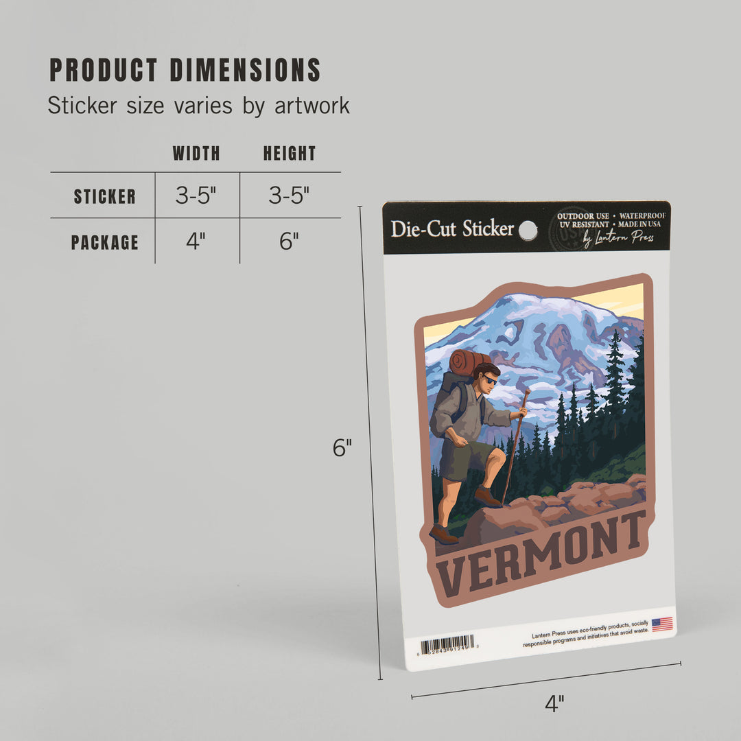 Vermont, Hiker & Mountain Scene, Contour, Lantern Press Artwork, Vinyl Sticker