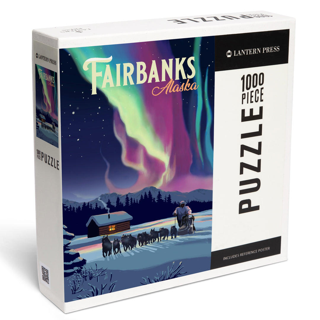 Fairbanks, Alaska, Painterly, Northern Lights and Dogsled, Jigsaw Puzzle