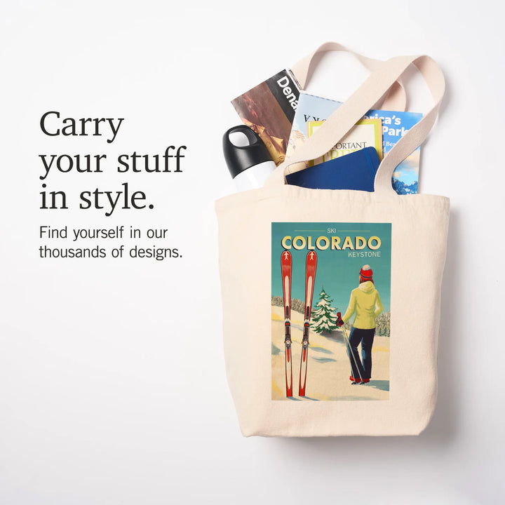 Keystone, Colorado, Painterly, Woman Skier Mountain View, Tote Bag