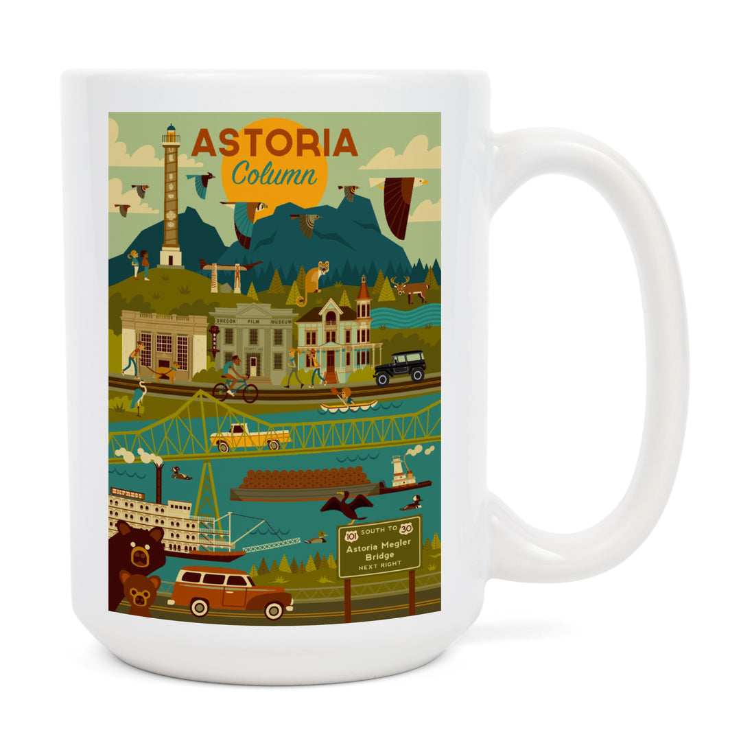 Astoria, Oregon, Astoria Column, Geometric, Lantern Press Artwork, Ceramic Mug