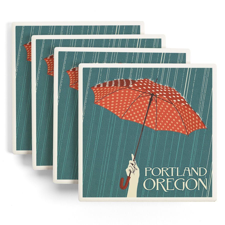 Portland, Oregon, Umbrella, Letterpress, Lantern Press Artwork, Coaster Set
