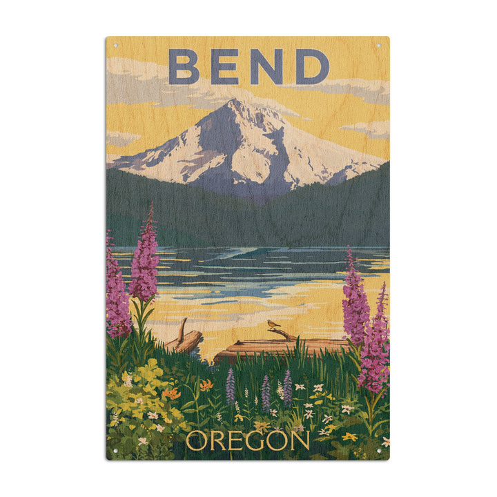 Bend, Oregon, Mountain & Lake Scene, Lantern Press Artwork, Wood Signs and Postcards