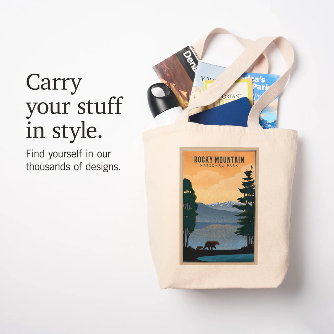 Rocky Mountain National Park, Black Bear and Lake, Lithograph, Tote Bag