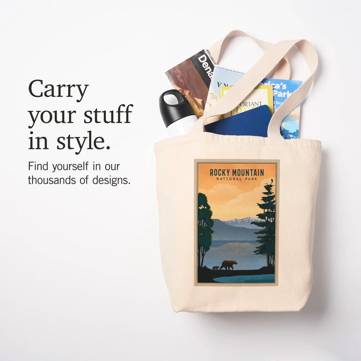 Rocky Mountain National Park, Black Bear and Lake, Lithograph, Tote Bag