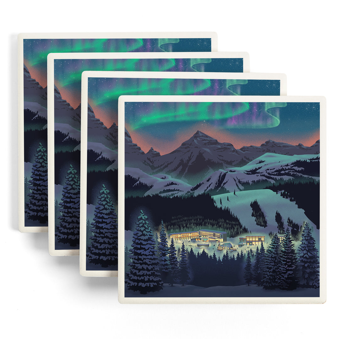 Lithograph, Village under Northern Lights, Coasters
