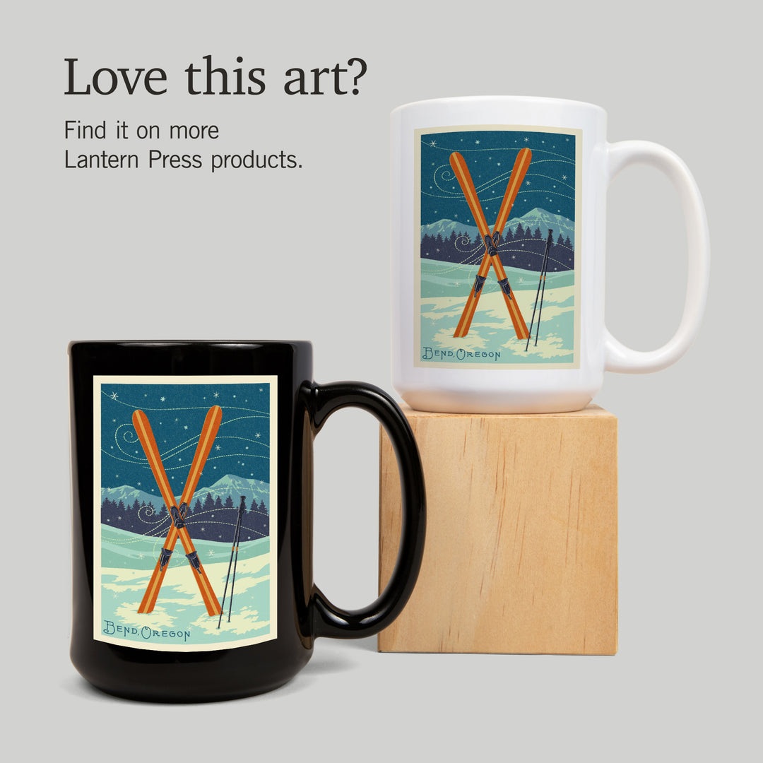 Bend, Oregon, Crossed Skis, Letterpress, Lantern Press Artwork, Ceramic Mug