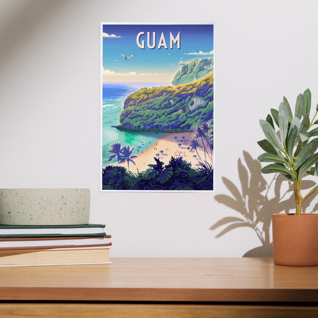 Agana, Guam, Lithograph, Beach Cove, Art & Giclee Prints