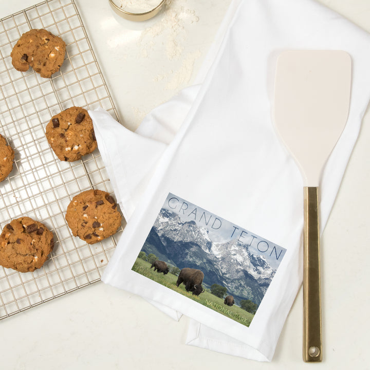 Grand Teton National Park, Wyoming, Buffalo and Mountain Scene, Organic Cotton Kitchen Tea Towels