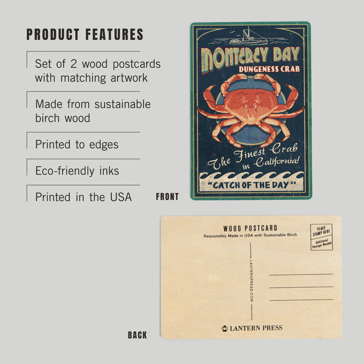 Monterey Bay, California, Dungeness Crab, Vintage, Wood Sign and Postcards