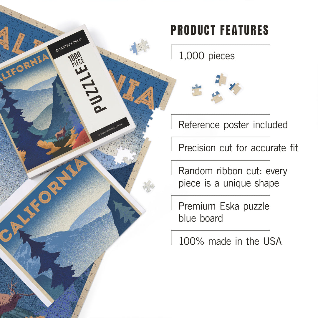 California, Elk and Mountain Scene, Lithograph, 1000 Piece Jigsaw Puzzle