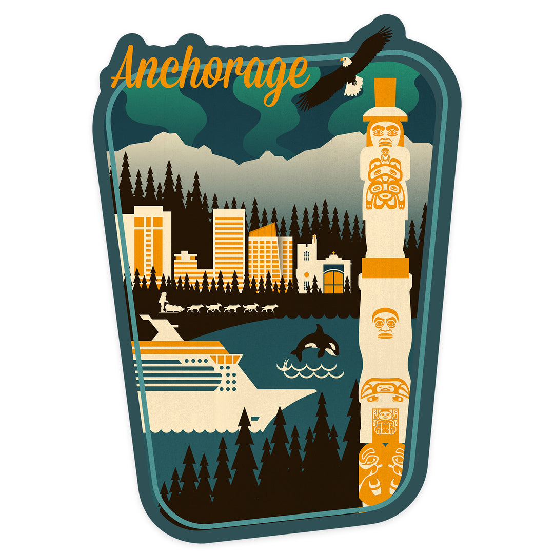 Anchorage, Alaska, Retro Skyline, Contour, Vinyl Sticker