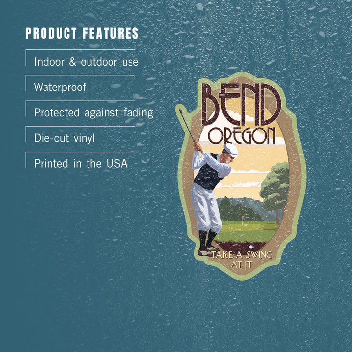 Bend, Oregon, Golfer, Take a Swing at It, Contour, Lantern Press Artwork, Vinyl Sticker