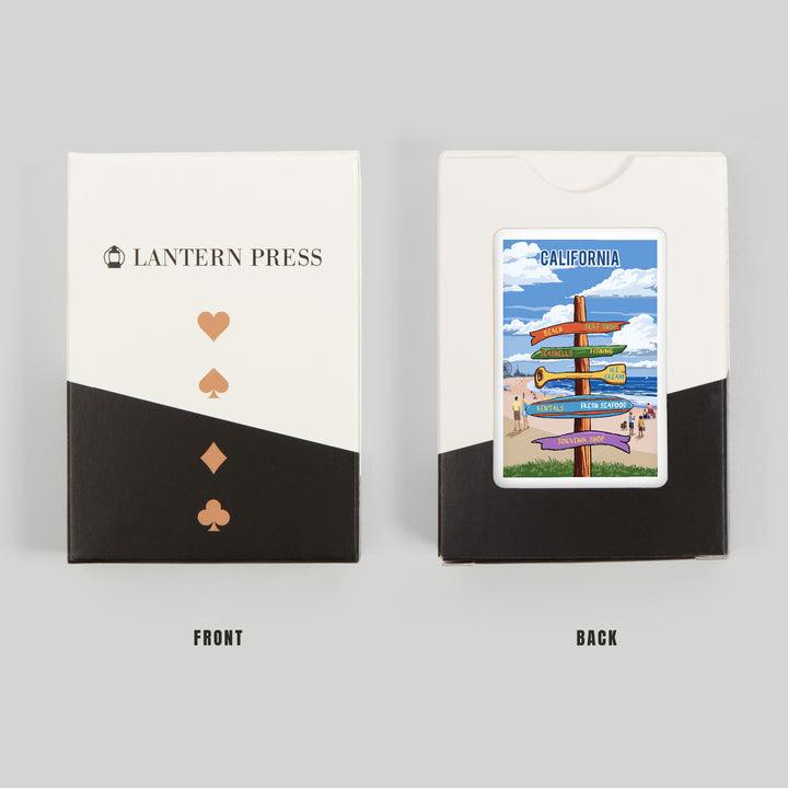 Playing Cards, California, Signpost, Coast Beach with Pier, 52 Card Deck with Jokers in Box, Unique Art