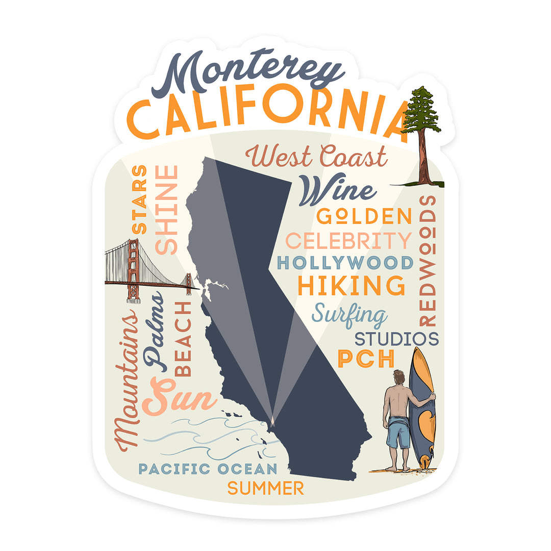 Monterey, California, Typography & Icons, Contour, Lantern Press Artwork, Vinyl Sticker