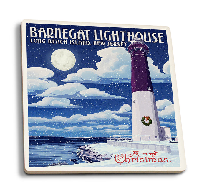 Long Beach Island, New Jersey, Barnegat Lighthouse Christmas Scene, Coaster Set