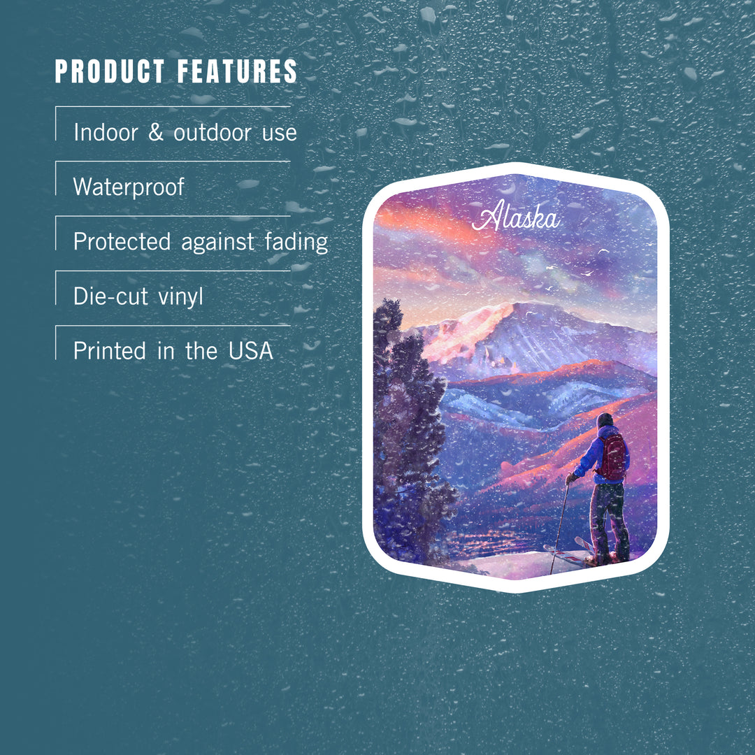 Alaska, Watercolor Study, Purple Skies, Ski View, Vinyl Sticker