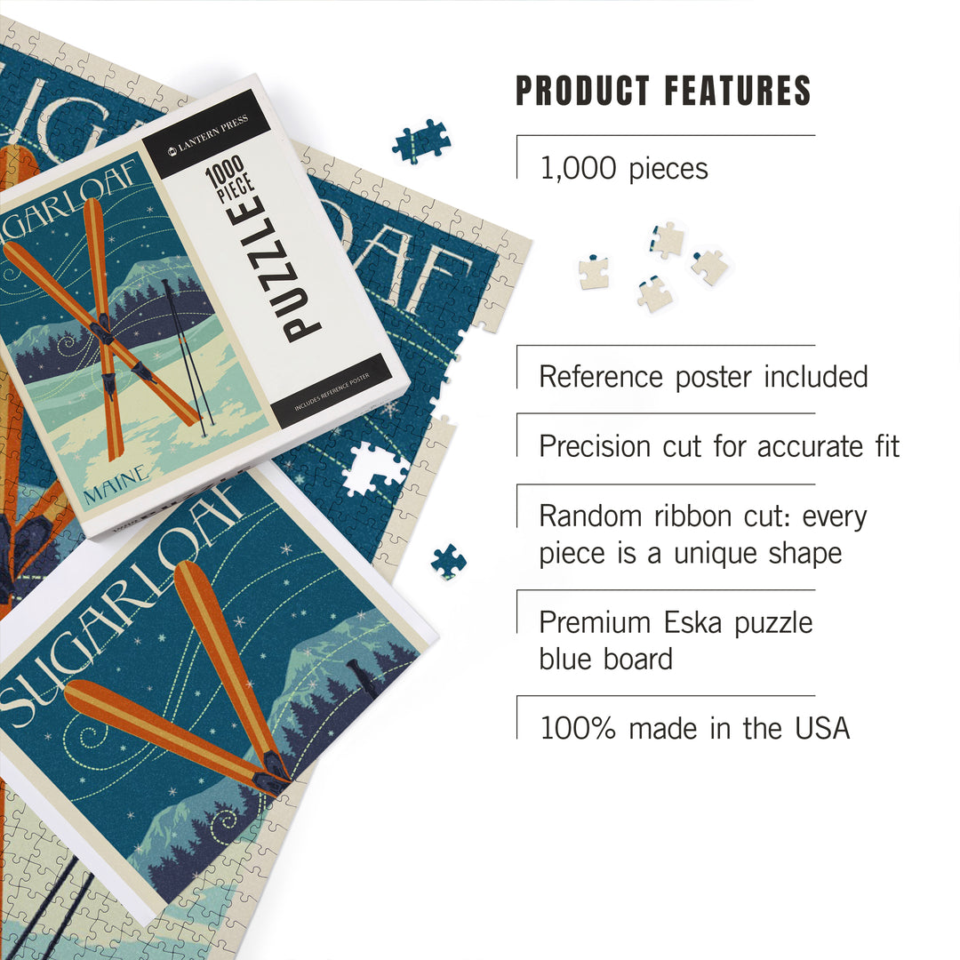 Sugarloaf, Maine, Crossed Skis, Letterpress, Jigsaw Puzzle