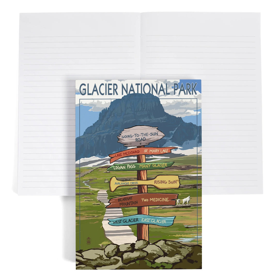 Lined 6x9 Journal, Glacier National Park, Montana, Going-To-The-Sun Road Mountain Signpost, Lay Flat, 193 Pages, FSC paper
