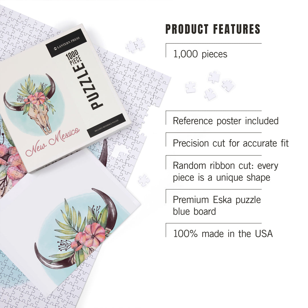 New Mexico, Watercolor, Cow Skull and Flower Crown, 1000 Piece Jigsaw Puzzle